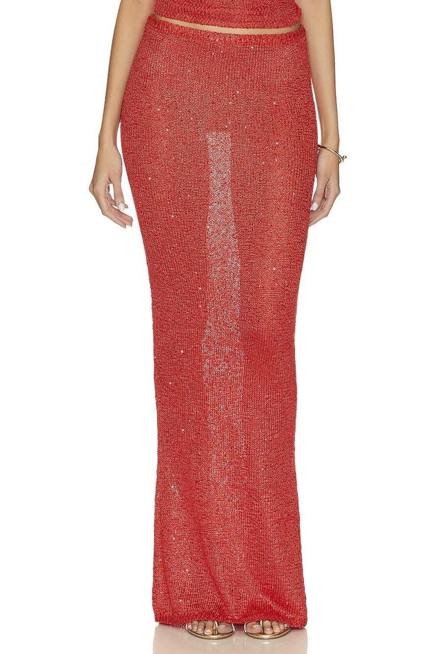 Asta Resort NEW Carolina Rossa Sequin Red Knit Maxi Skirt Size XS
